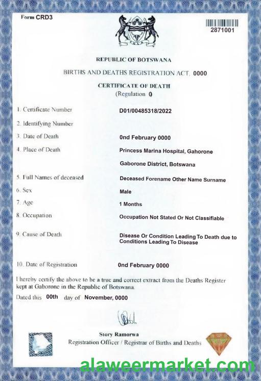 Botswana death certificate template in PSD format